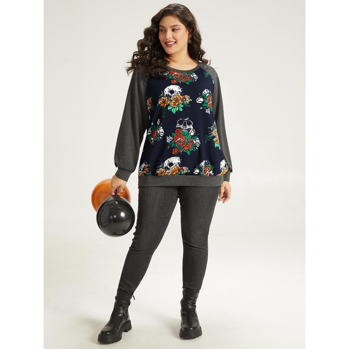 Plus Size Halloween Skull & Floral Print Raglan Sleeve Sweatshirt Women Indigo Casual Elastic cuffs Round Neck Dailywear Sweatshirts BloomChic 12/L Product Image