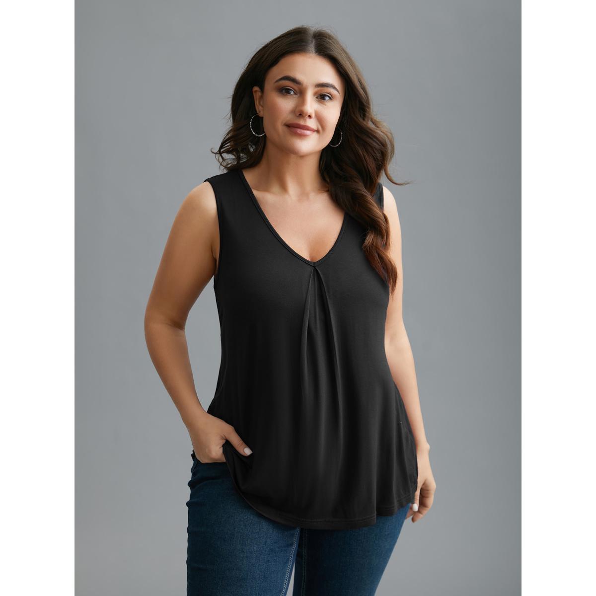 Plus Size Supersoft Essentials V-Neck Tank Top Women Black Casual Pleated V-neck Everyday Tank Tops Camis BloomChic 14-16/1X Product Image