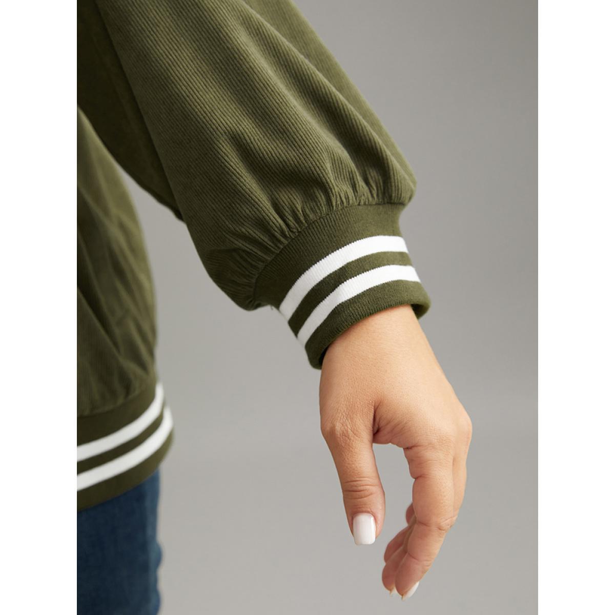 Plus Size Corduroy Striped Trim Button Up Jacket Women ArmyGreen Elastic cuffs Pocket Dailywear Jackets BloomChic 18-20/2X Product Image