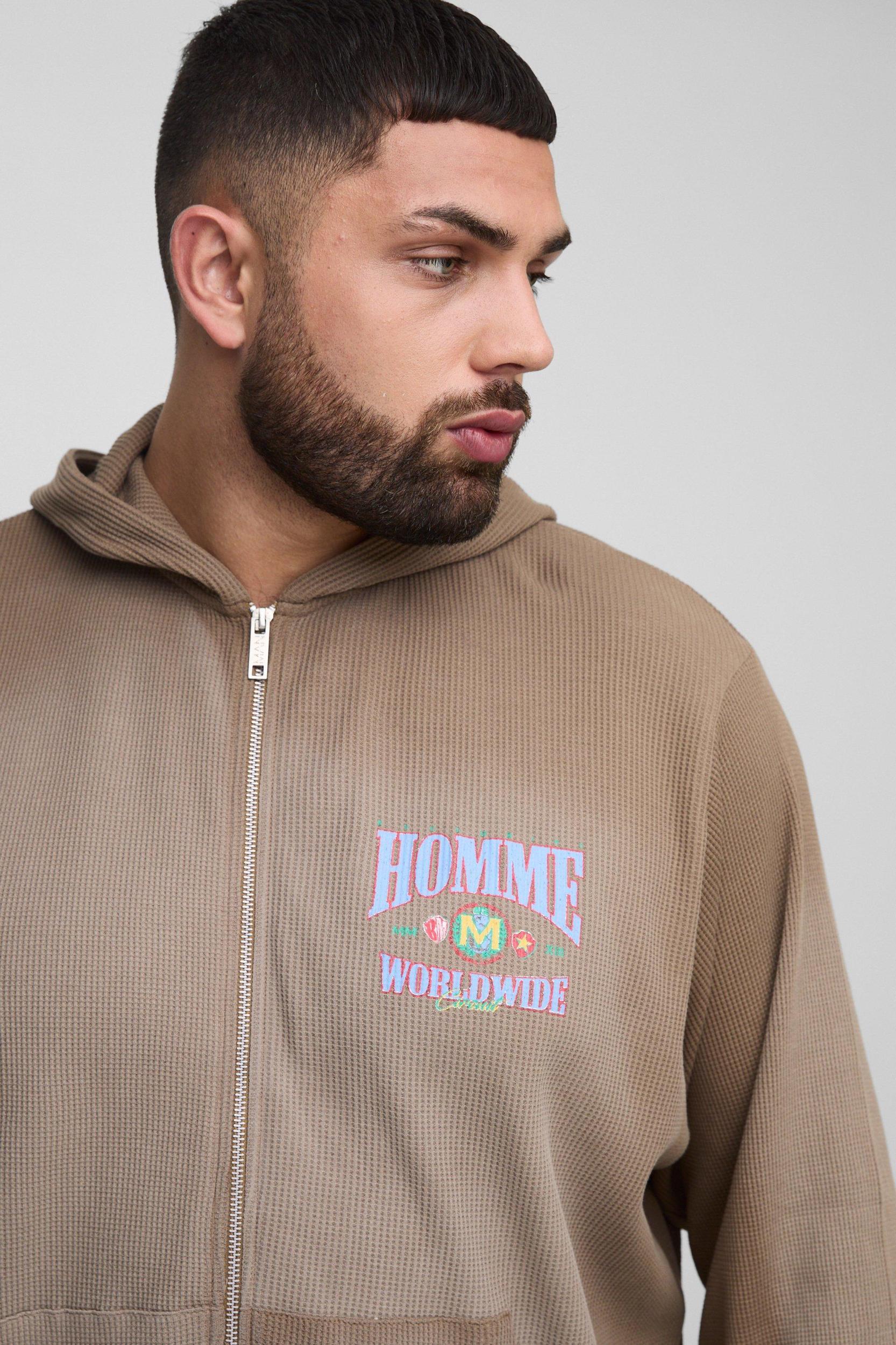 Plus Spray Wash Waffle Graphic Hooded Tracksuit | boohooMAN USA Product Image