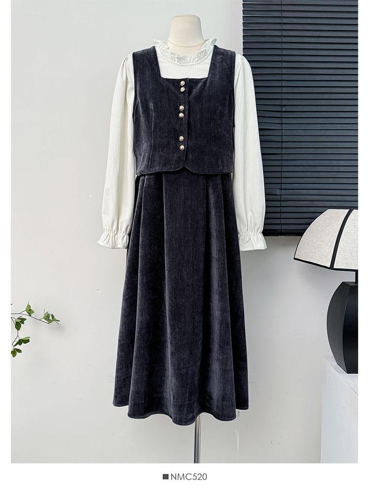Mock Two-Piece A-Line Dress / Ruffled Loose Blouse Product Image