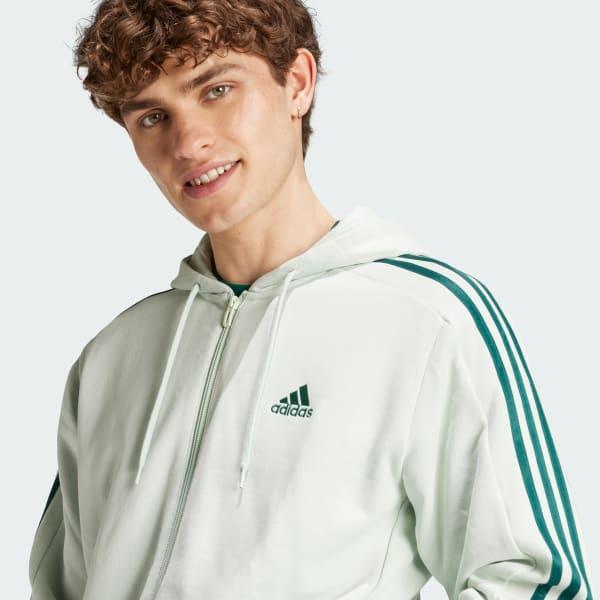 adidas Essentials French Terry 3-Stripes Full-Zip Hoodie Linen Green S Mens Product Image