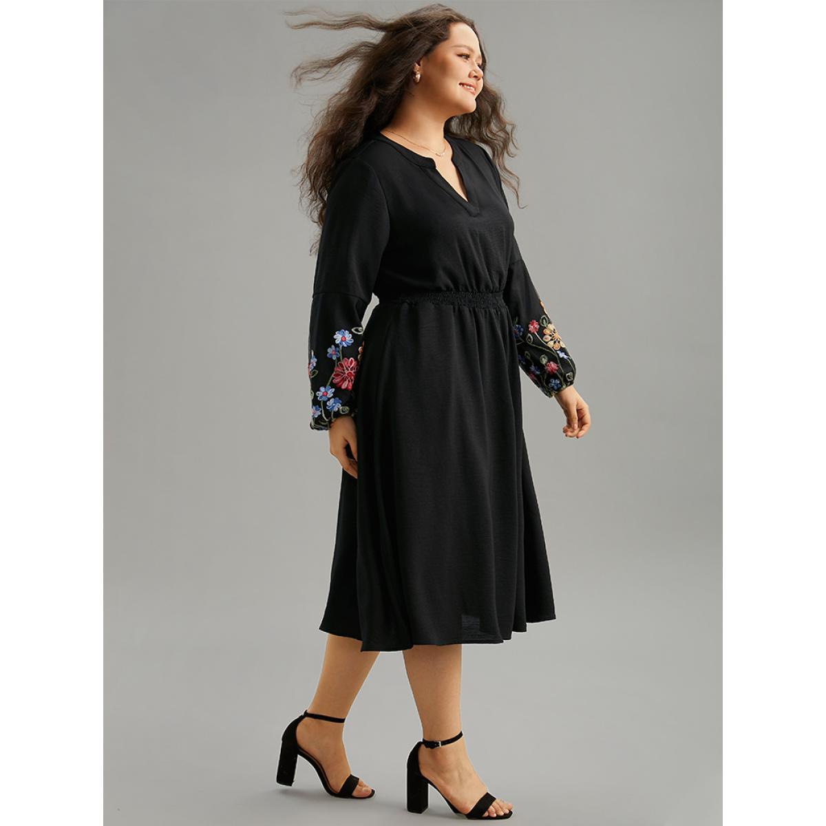 Plus Size Floral Embroidered Notched Midi Dress Black Women Elegant Elastic cuffs Notched collar Long Sleeve Curvy Midi Dress BloomChic 22-24/3X Product Image