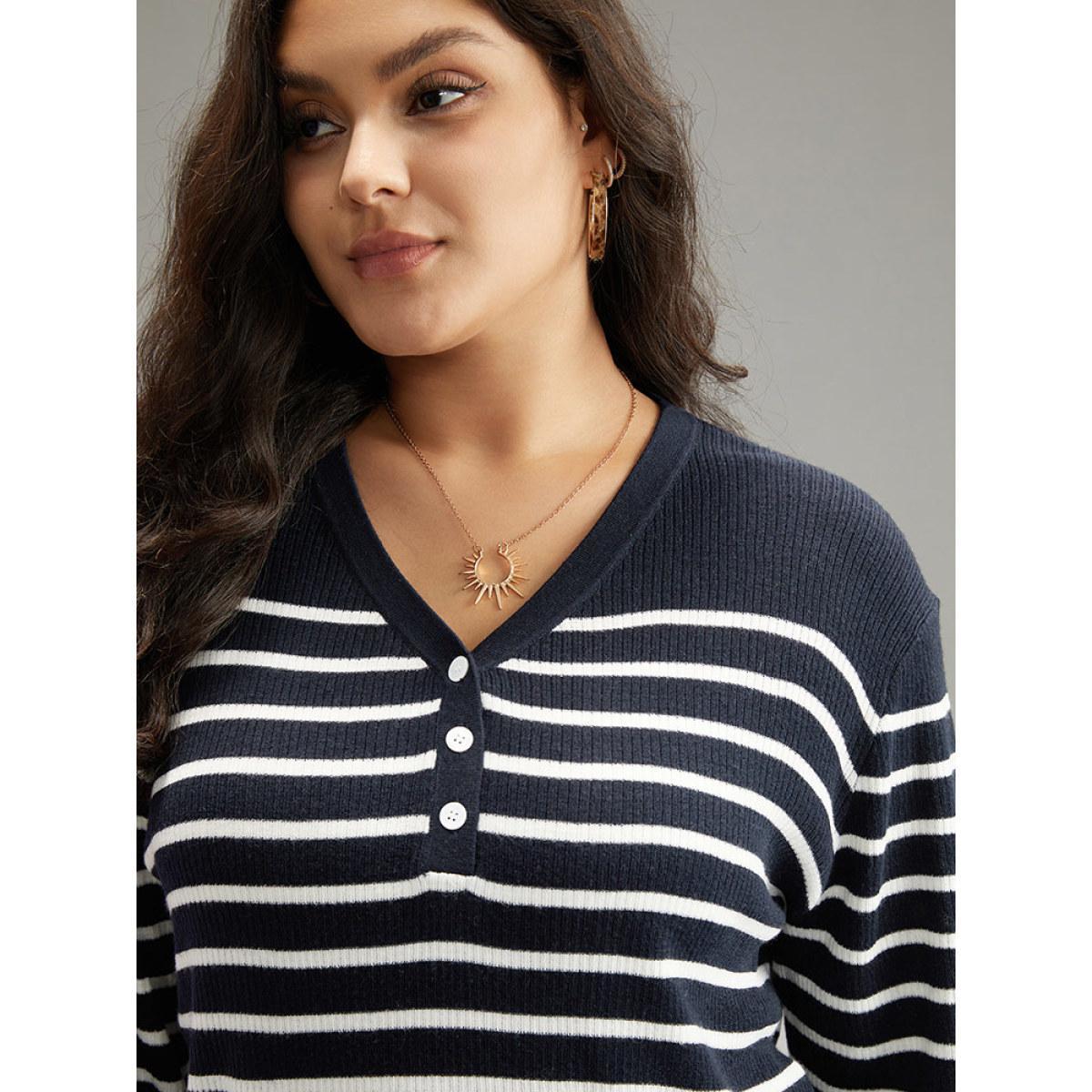Plus Size Supersoft Essentials Striped Button Through Pullover Midnight Women Casual Loose Long Sleeve V-neck Dailywear Pullovers BloomChic 10/M Product Image