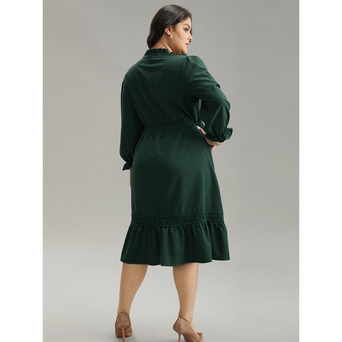Plus Size Solid Frill Trim Guipure Lace Flutter Sleeve Dress Black Women At the Office Plain Notched collar Long Sleeve Curvy Midi Dress BloomChic 22-24/3X Product Image