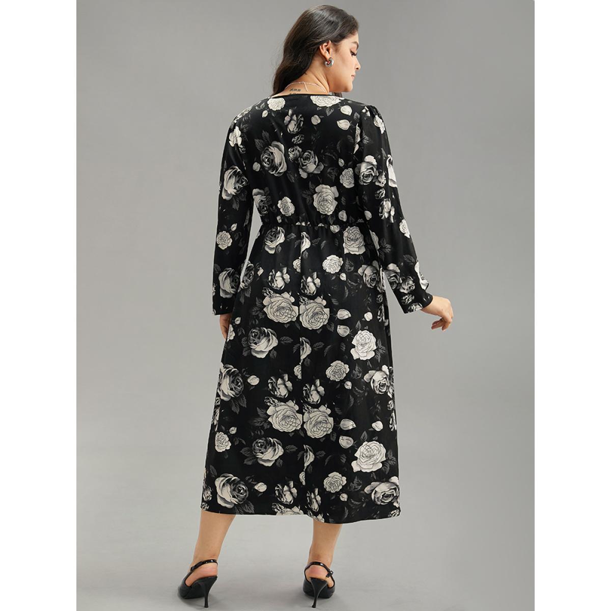Plus Size Floral Print Pocket Elastic Waist Wrap Dress Black Women At the Office Wrap Overlap Collar Long Sleeve Curvy Midi Dress BloomChic 18-20/2X Product Image