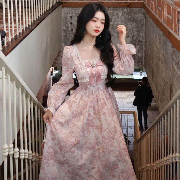 Long Sleeve Square Neck Floral Print Bow Panel Midi A-Line Dress Product Image