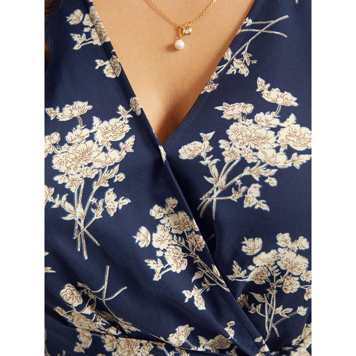 Plus Size DarkBlue Floral Print Bell Sleeve Pocket Belted Jumpsuit Women Elegant Elbow-length sleeve V-neck Dailywear Loose Jumpsuits BloomChic 18-20/2X Product Image