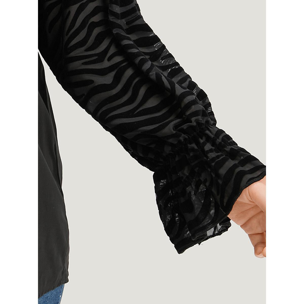 Plus Size Black Halloween Zebra Print Tie Neck Frill Trim Patchwork Blouse Women Elegant Long Sleeve Tie Neck Dailywear Blouses BloomChic 30/6X Product Image