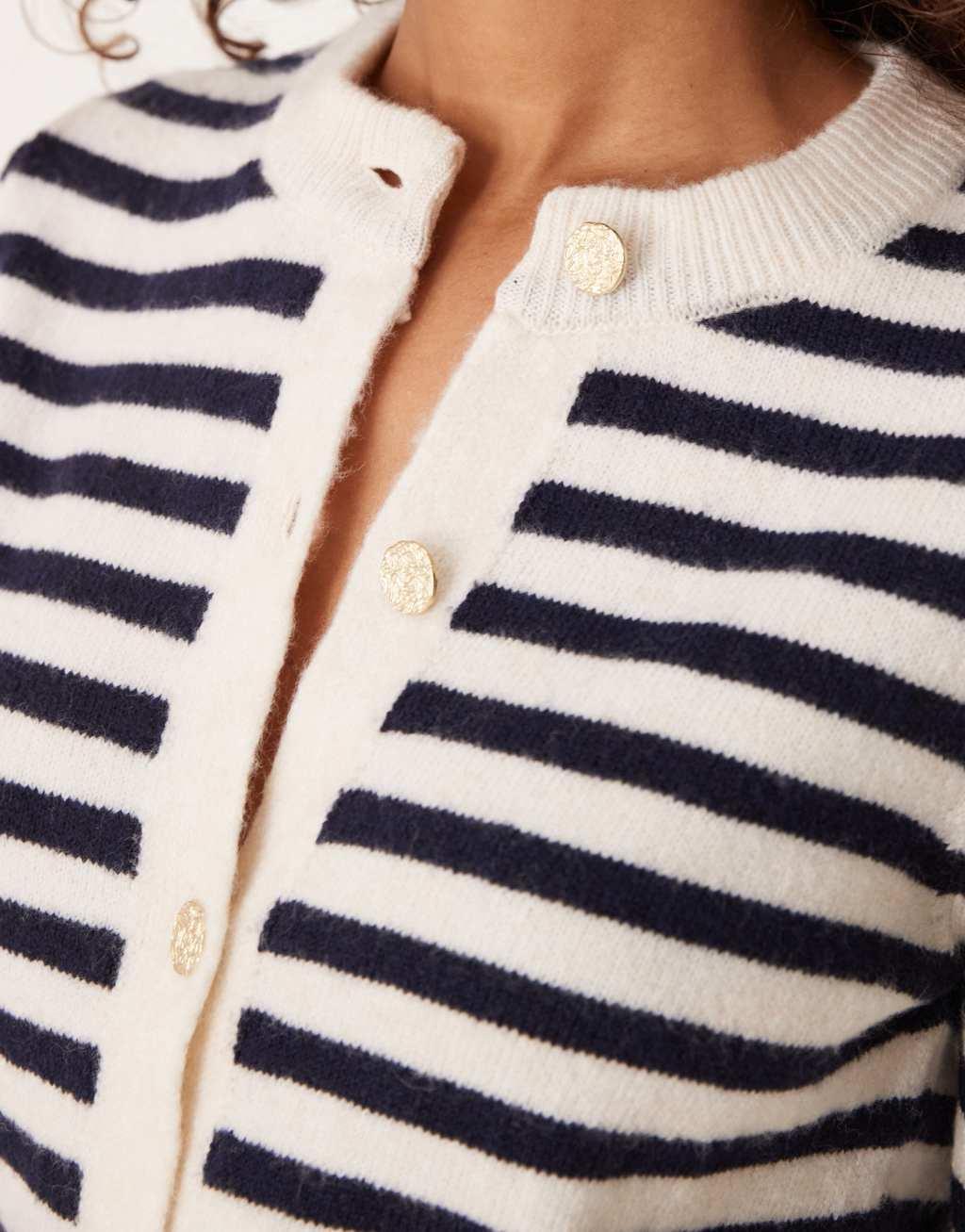 Mango stripe gold button fluffy cardigan in white Product Image
