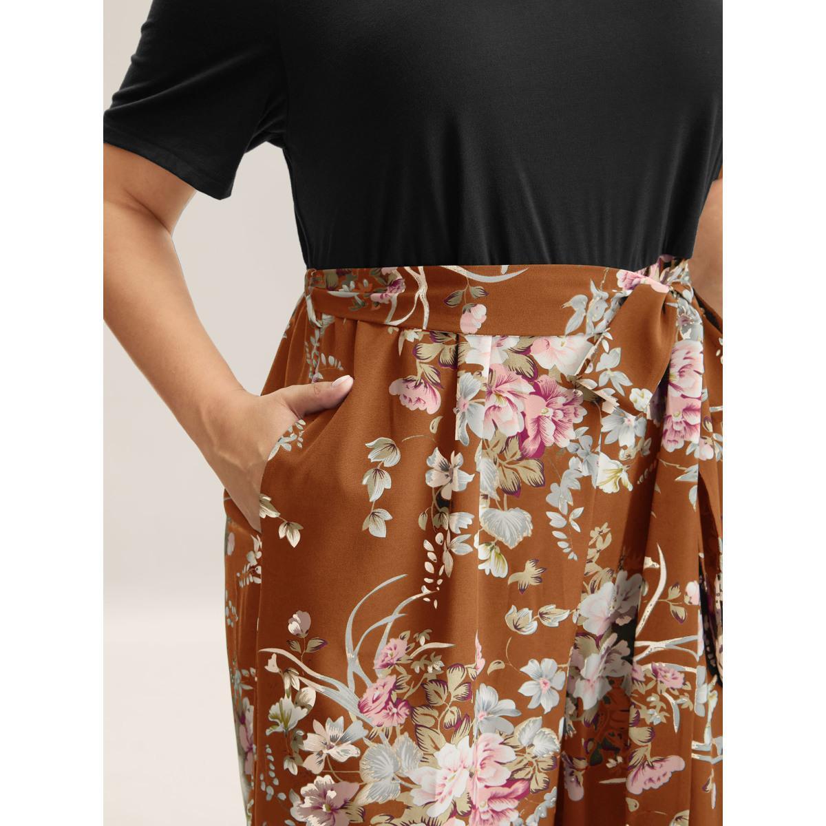 Plus Size Rust Color Contrast Belted Panel Pockets Jumpsuit Women Elegant Short sleeve Square Neck Everyday-Elegant Loose Jumpsuits BloomChic 12/L Product Image