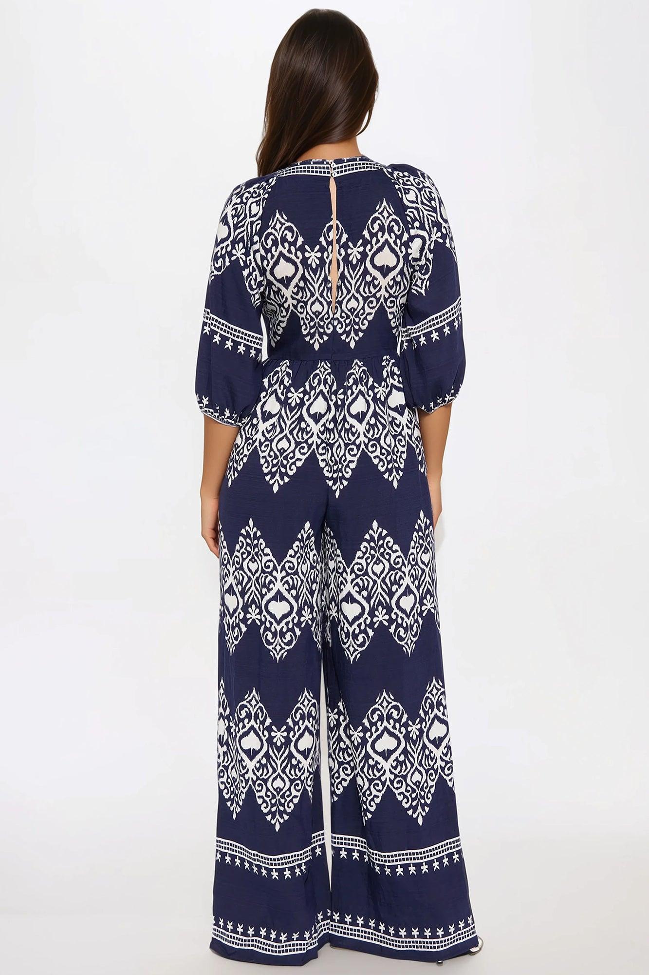 Daphne Deep V Jumpsuit - Navy/combo Product Image