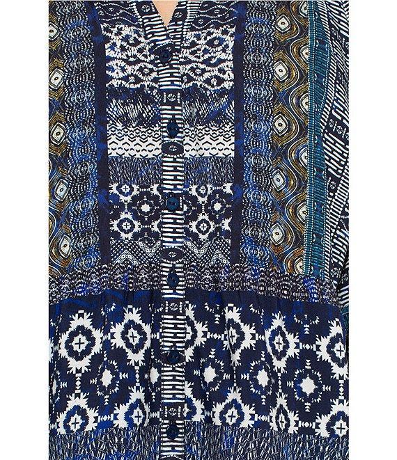 Liverpool Los Angeles Petite Size Woven Printed Split V-Neck 3/4 Sleeve Button-Front Blouse Product Image