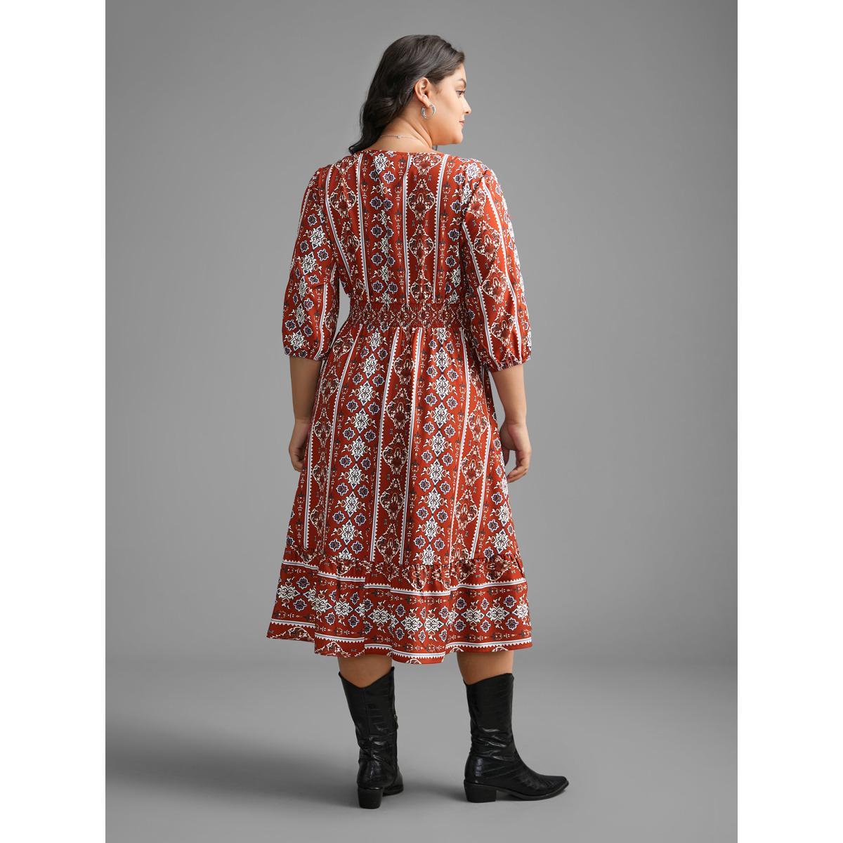 Plus Size Boho Print Shirred Tie Knot Midi Dress Russet Women Resort Tie knot V-neck Elbow-length sleeve Curvy BloomChic 12/L Product Image