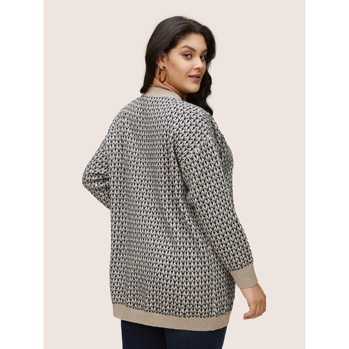 Plus Size Supersoft Essentials Jacquard Geometric Contrast Pocket Cardigan LightBrown Women Casual Loose Long Sleeve Dailywear Cardigans BloomChic 14-16/1X Product Image
