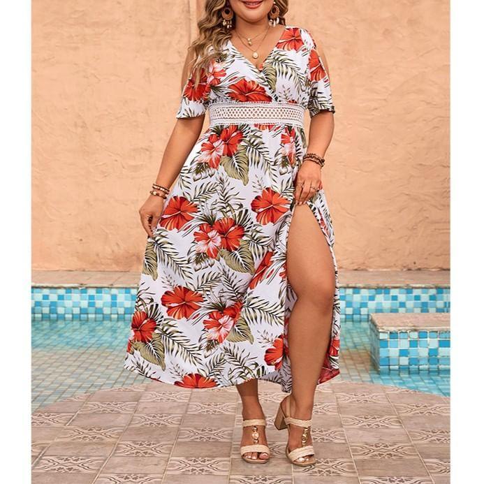 Plus Size Short Sleeve V-Neck Floral Print Maxi Dress Product Image