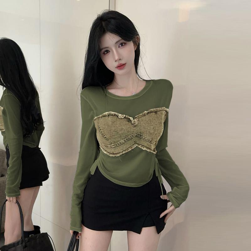 Long Sleeve Crew Neck Washed Denim Panel Crop Top Product Image