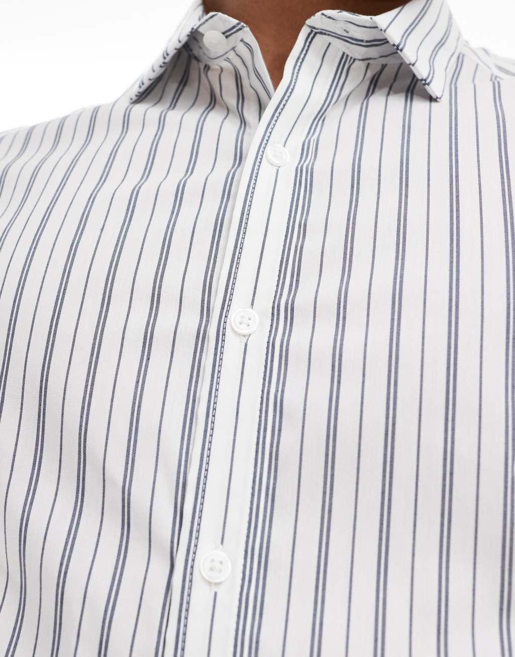 ASOS DESIGN stretch slim fit striped work shirt with roll sleeves in black and white Product Image