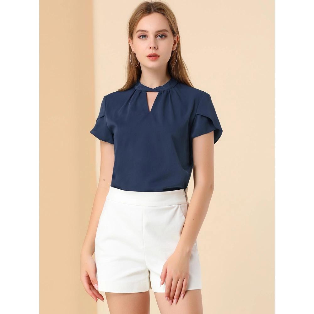 Allegra K Women's Stand Collar Petal Sleeve Keyhole Neck Elegant Work Office Blouse Top Product Image