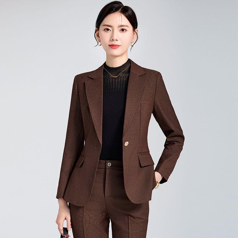 Set: Lapel Collar Plain Single Breasted Blazer + Mid Waist Plain Slacks Product Image