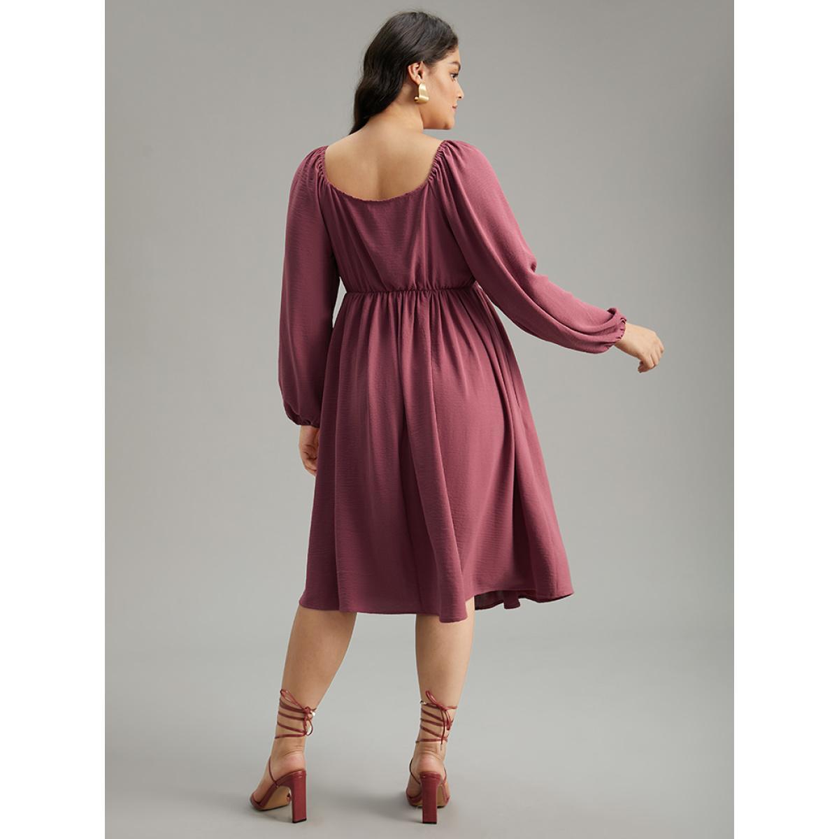 Plus Size Crochet Lace Square Neck Elastic Cuffs Dress DustyPink Women Elegant Elastic cuffs Square Neck Long Sleeve Curvy Midi Dress BloomChic 26/4X Product Image