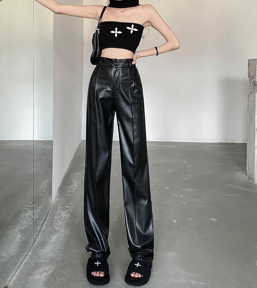 High Rise Faux Leather Straight Leg Pants Product Image