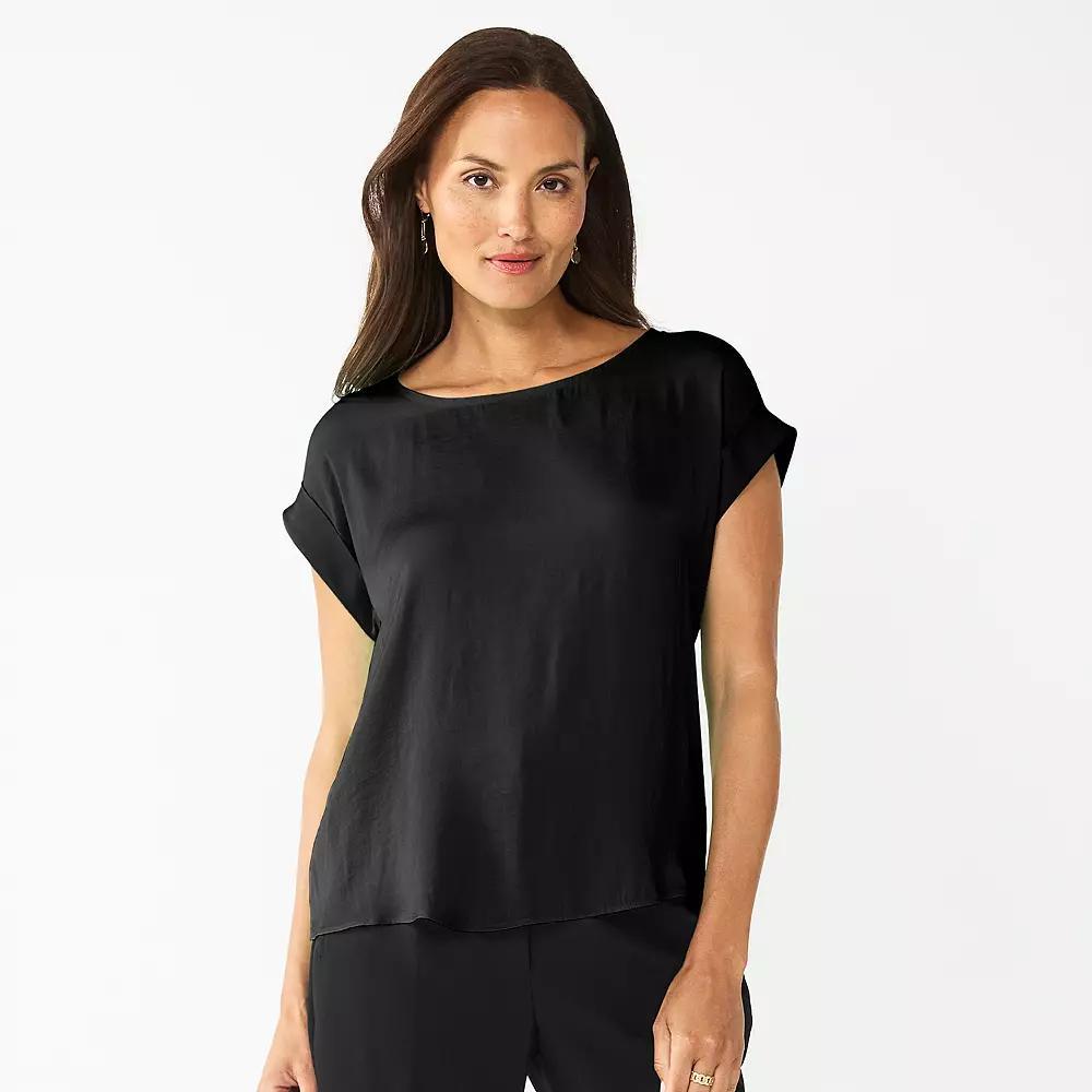 Women's Nine West Roll Cuff Woven Tee, Size: Medium, Mineral Black Product Image