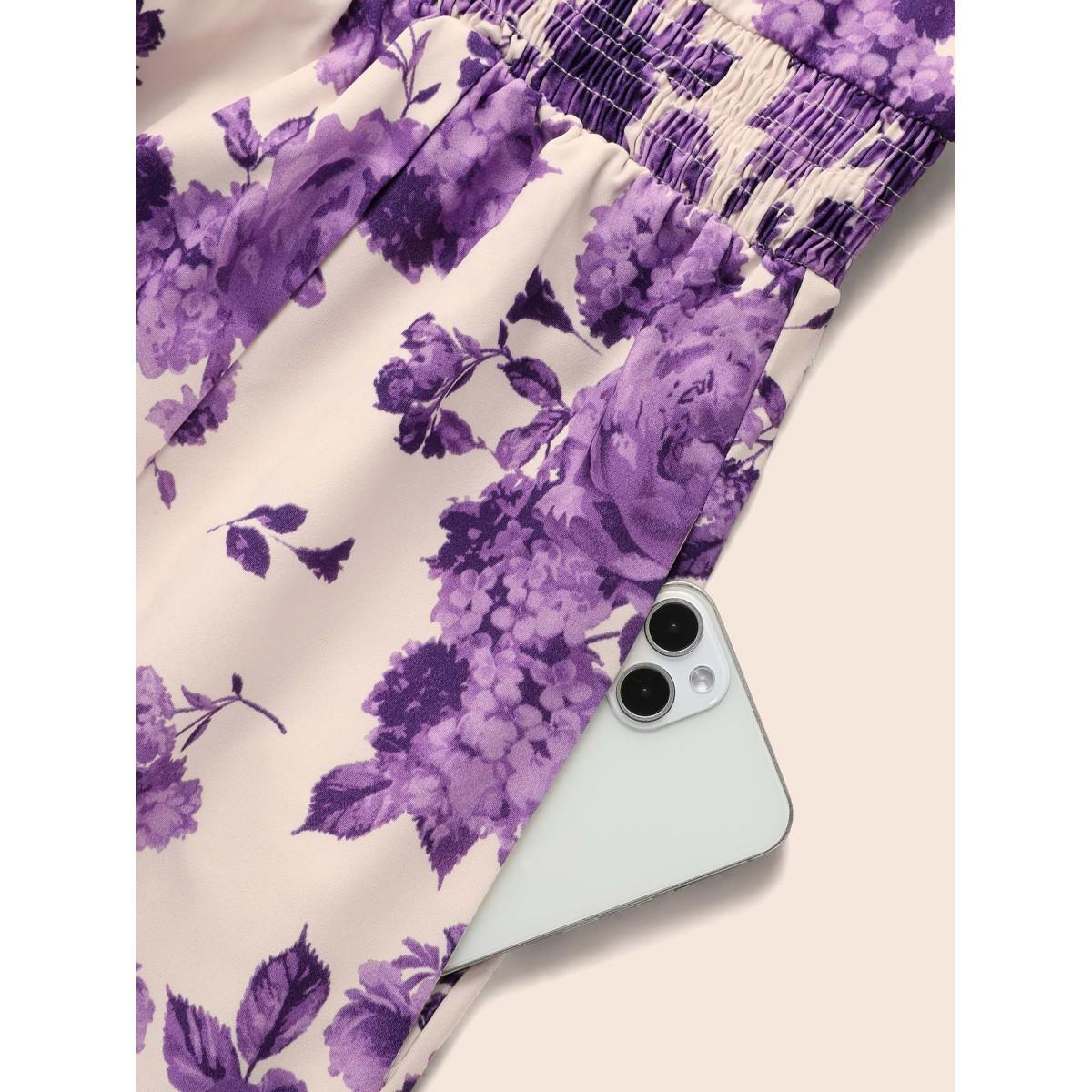 Plus Size Floral Print Split Side Shirred Dress BlueViolet Women Elegant Shirred V-neck Short sleeve Curvy BloomChic 14-16/1X Product Image