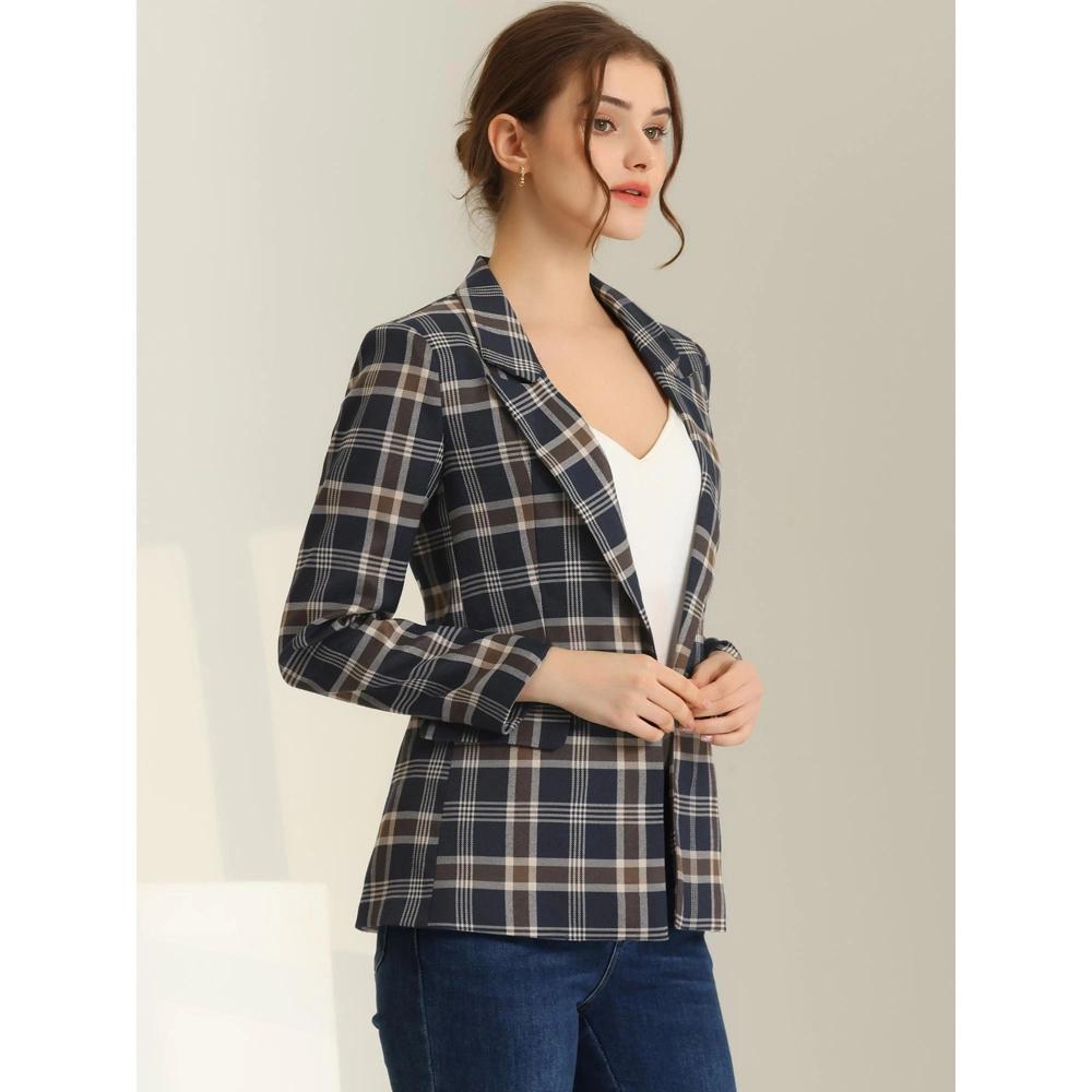 INSPIRE CHIC Women's Notched Lapel One Button Boyfriend Plaid Suit Blazer Dark Blue Small Product Image