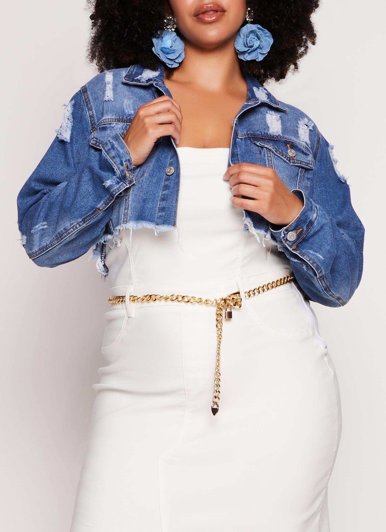 Womens Plus Size Almost Famous Distressed Hem Jean Jacket Product Image