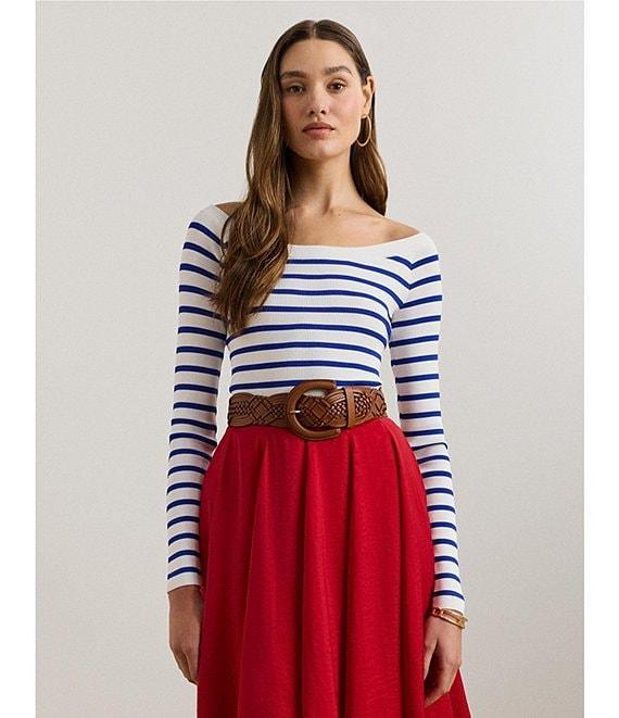 Lauren Ralph Lauren Horizontal Striped Ribbed Ballet Neck Long Raglan Sleeve Sweater Product Image