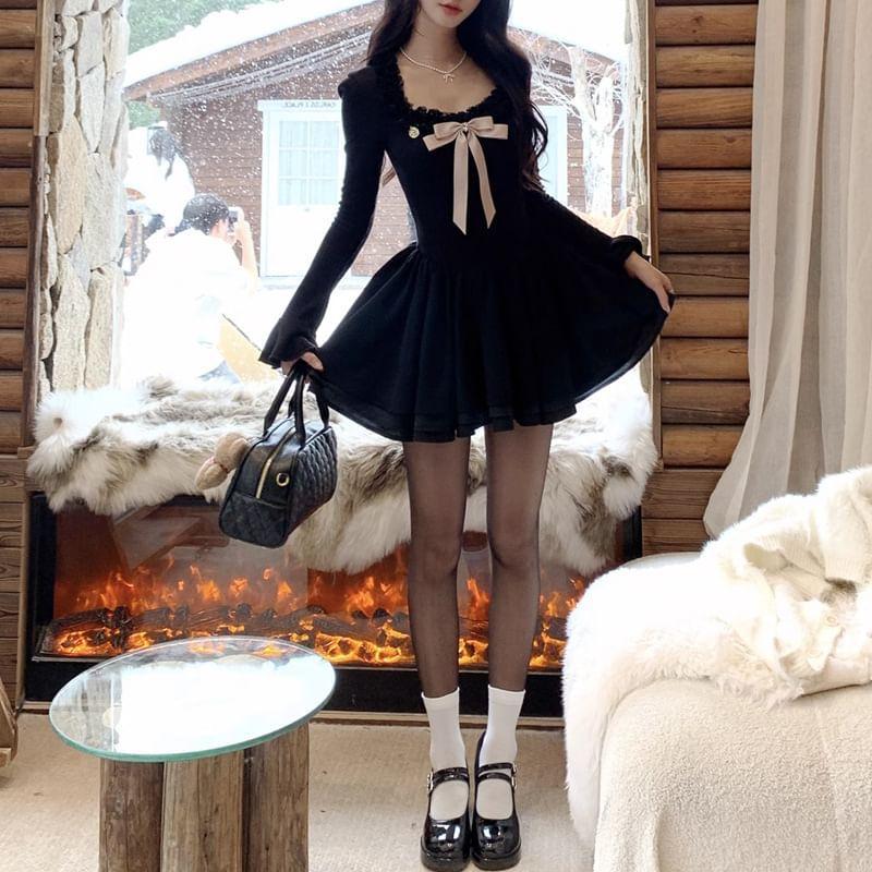 Long Sleeve Square-Neck Ruffled-Trim Bow Accent Slim-Fit Mini A-Line Dress Product Image