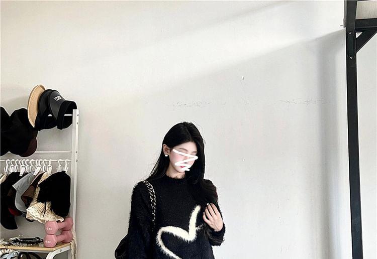 Mock Neck Heart Print Fluffy Oversized Sweater Product Image