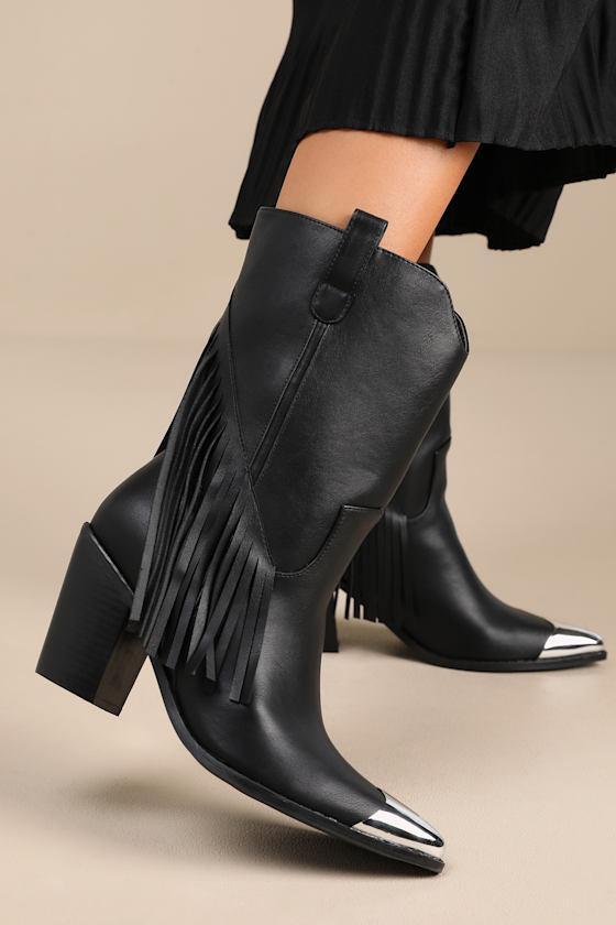 Toleson Black Fringe Pointed-Toe Mid-Calf Western Boots Product Image