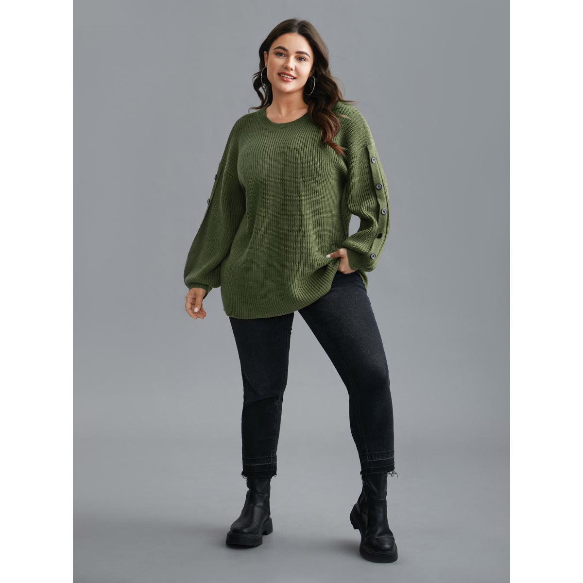 Plus Size Textured Drop Shoulder Button Detailing Pullover ArmyGreen Women Casual Loose Long Sleeve Round Neck Everyday Pullovers BloomChic 26/4X Product Image
