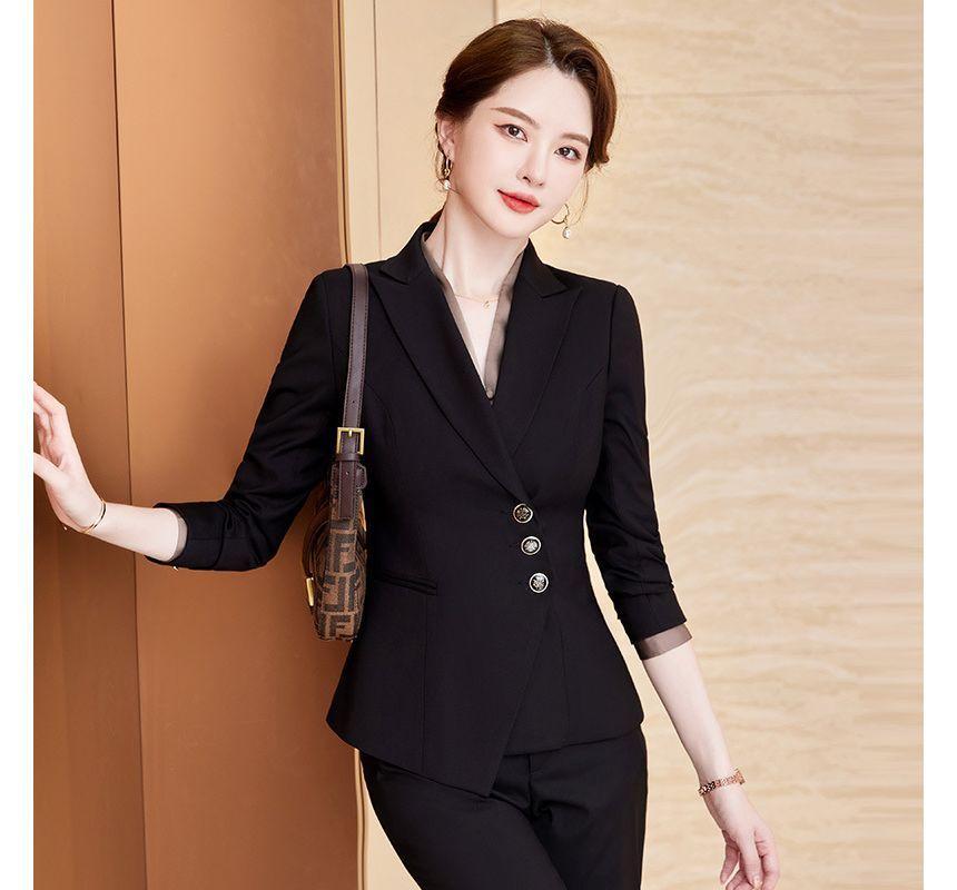 Peak Lapel Plain Asymmetrical Button Blazer / High Rise Straight Leg Slacks / High Rise Mini Pencil Skirt / Long-Sleeve V-Neck Plain Blouse Product Image