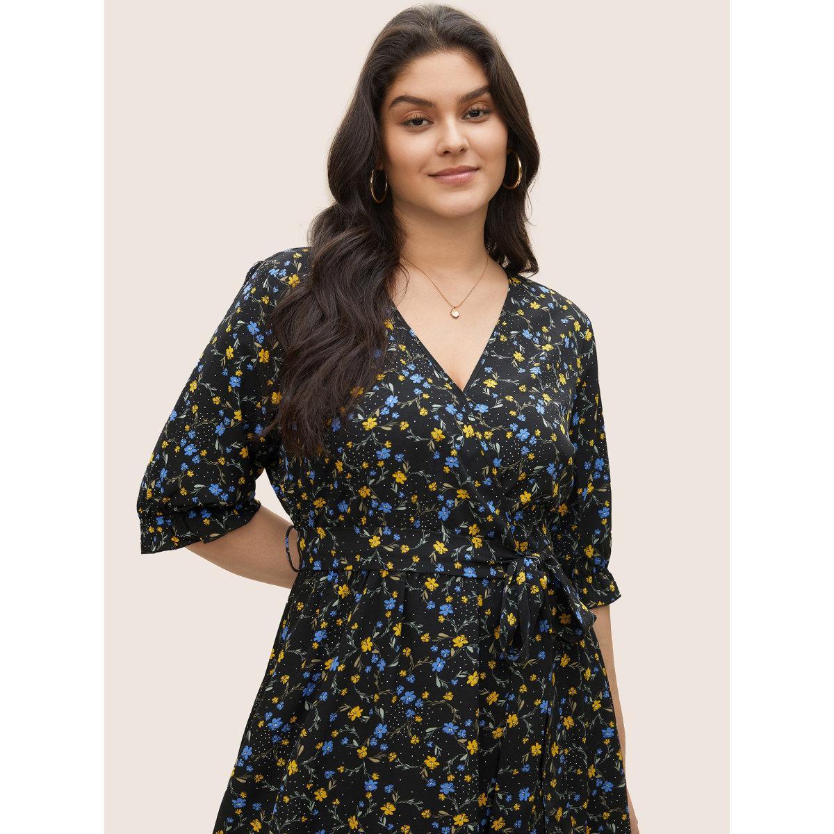 Plus Size Ditsy Floral Ruffle Half Sleeve Belted Dress Black Women Elegant Non Overlap Collar Half Sleeve Curvy Midi Dress BloomChic 18-20/2X Product Image