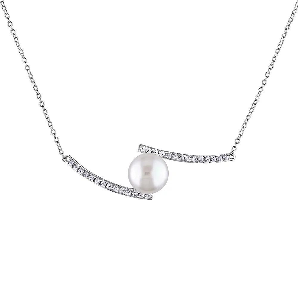 Stella Grace Freshwater Cultured Pearl & Lab-Created White Sapphire Bypass Necklace, Women's, Size: 18", Sterling Product Image