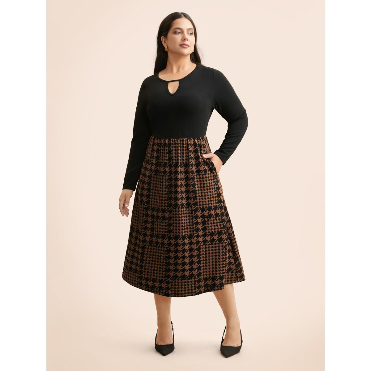 Plus Size Houndstooth Patchwork Cut Out Midi Dress Browncoffeecolor Women At the Office Patchwork Round Neck Long Sleeve Curvy BloomChic 30/6X Product Image