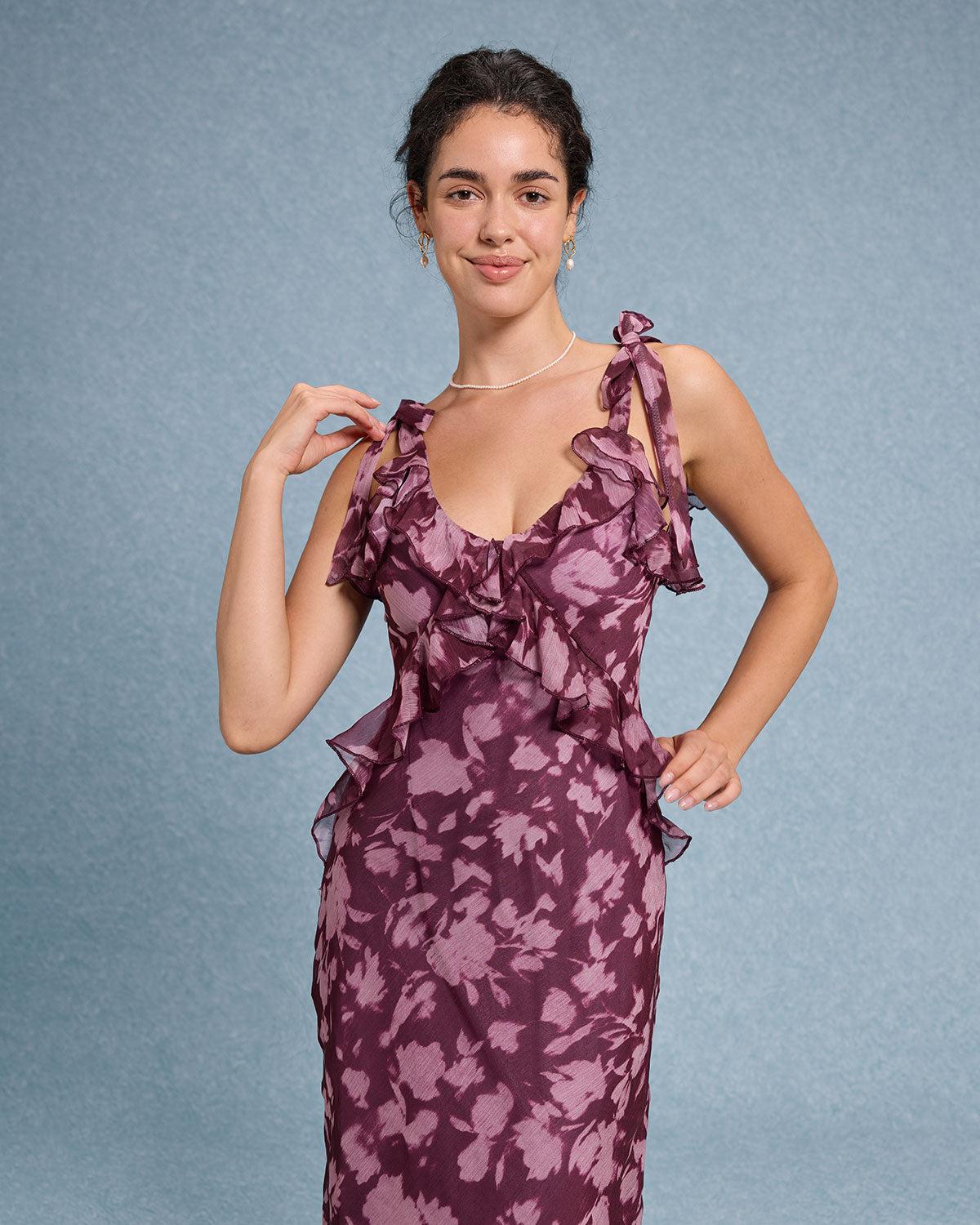 Purple Floral Ruffle Tie Strap Maxi Dress Product Image
