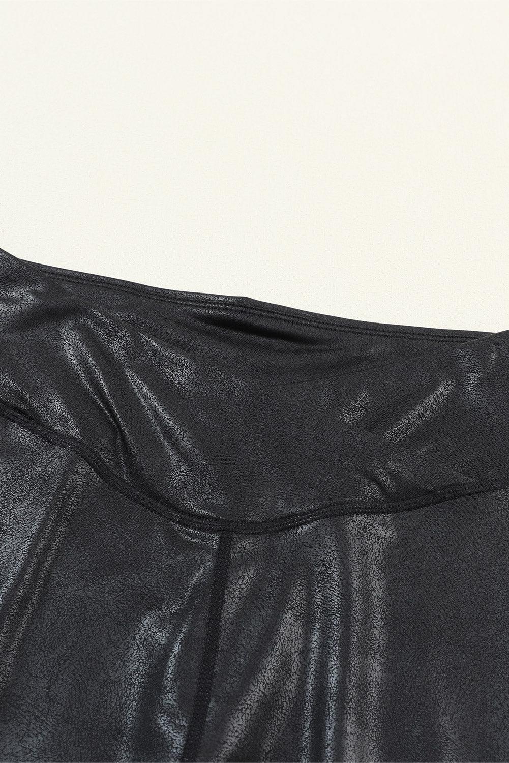 Black Crossed Dip Waist Sleek Leather Leggings Product Image