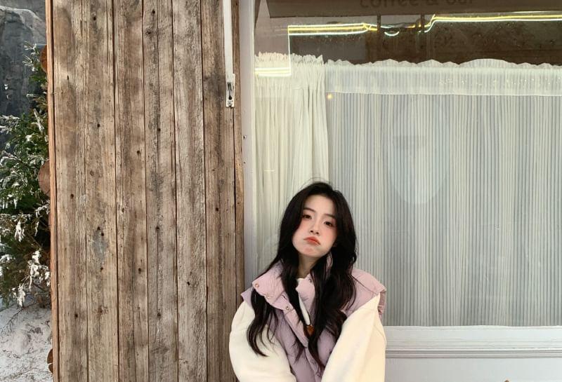 Stand Collar Plain Zip-Up Puffer Vest / Round Neck Sweatshirt / High Rise Harem Sweatpants Product Image