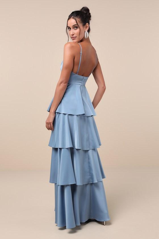 Going with Elegance Slate Blue Satin Tiered Gown Product Image