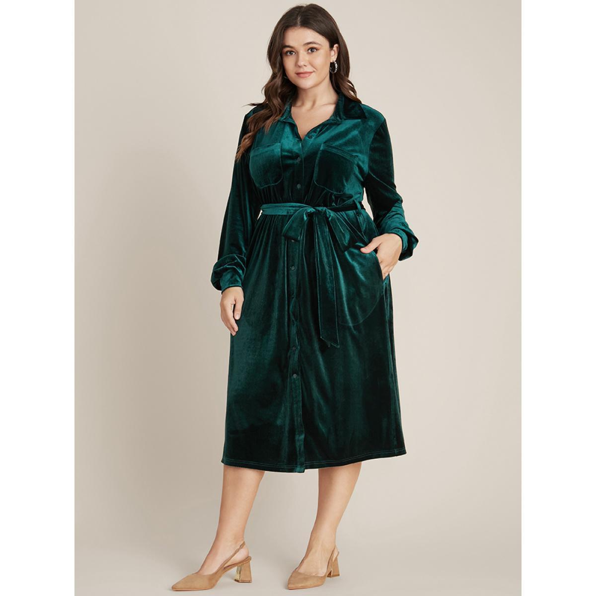 Plus Size Solid Shirt Collar Pocket Button Up Belted Velvet Dress DarkGreen Women Party Shirt collar Long Sleeve Curvy Midi Dress BloomChic 10/M Product Image