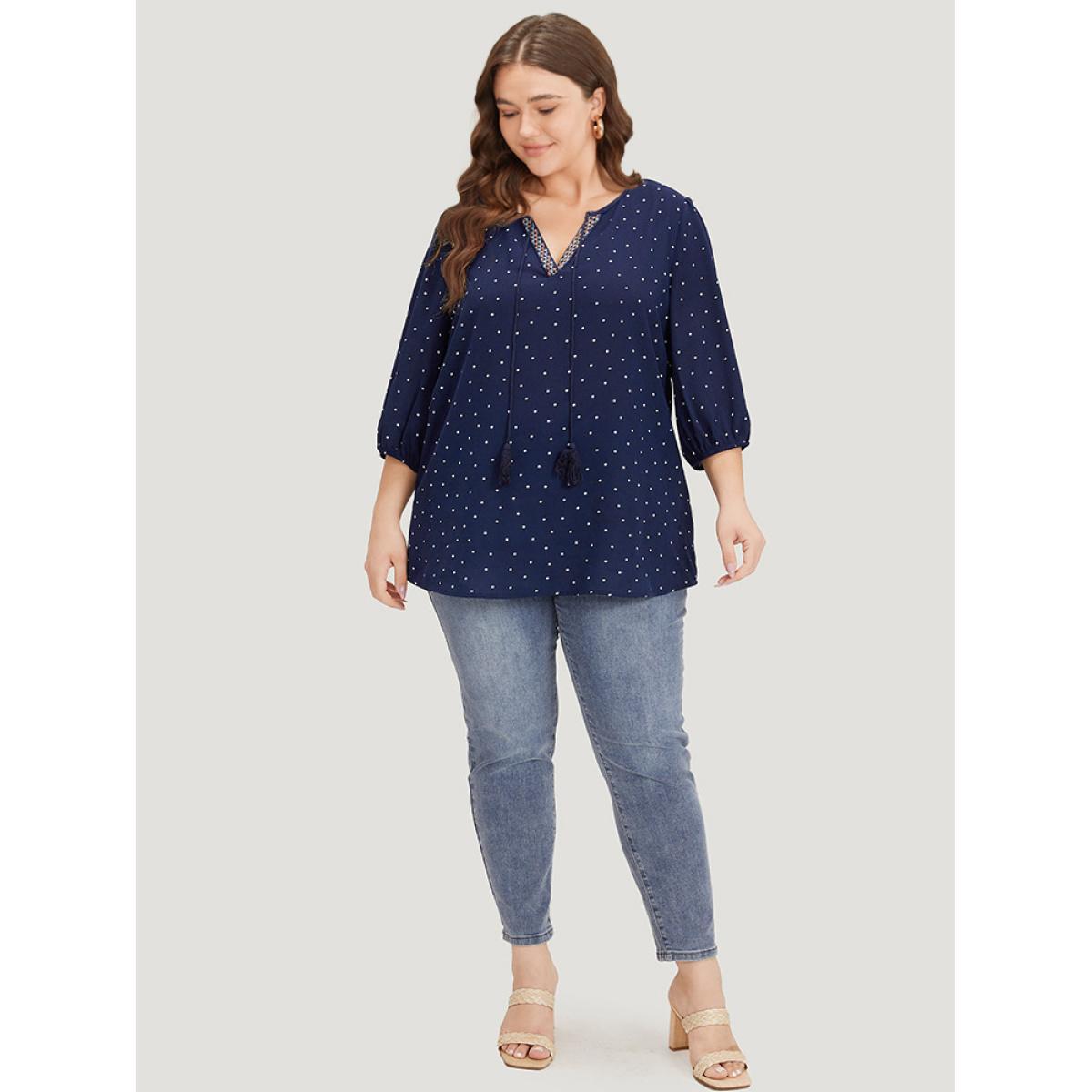 Plus Size Indigo Polka Dot Tassels Ties Elastic Cuffs Blouse Women Vacation Elbow-length sleeve V-neck Vacation Blouses BloomChic 28/5X Product Image