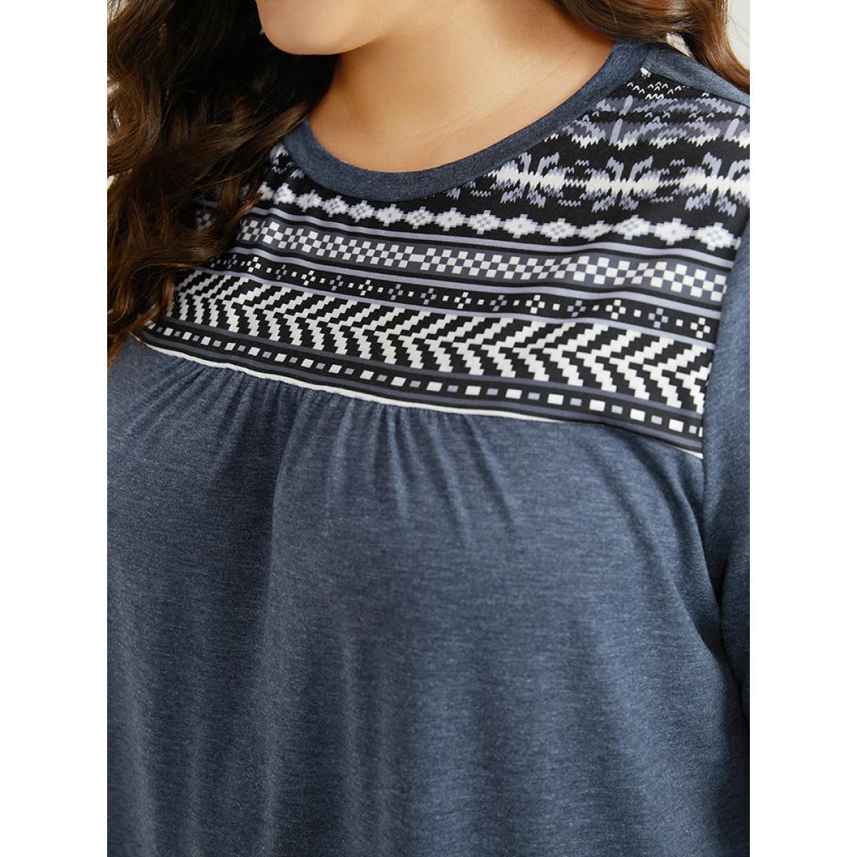 Plus Size Boho Print Round Neck Gathered T-shirt Blue Women Casual Patchwork Bohemian Print Round Neck Dailywear T-shirts BloomChic 22-24/3X Product Image