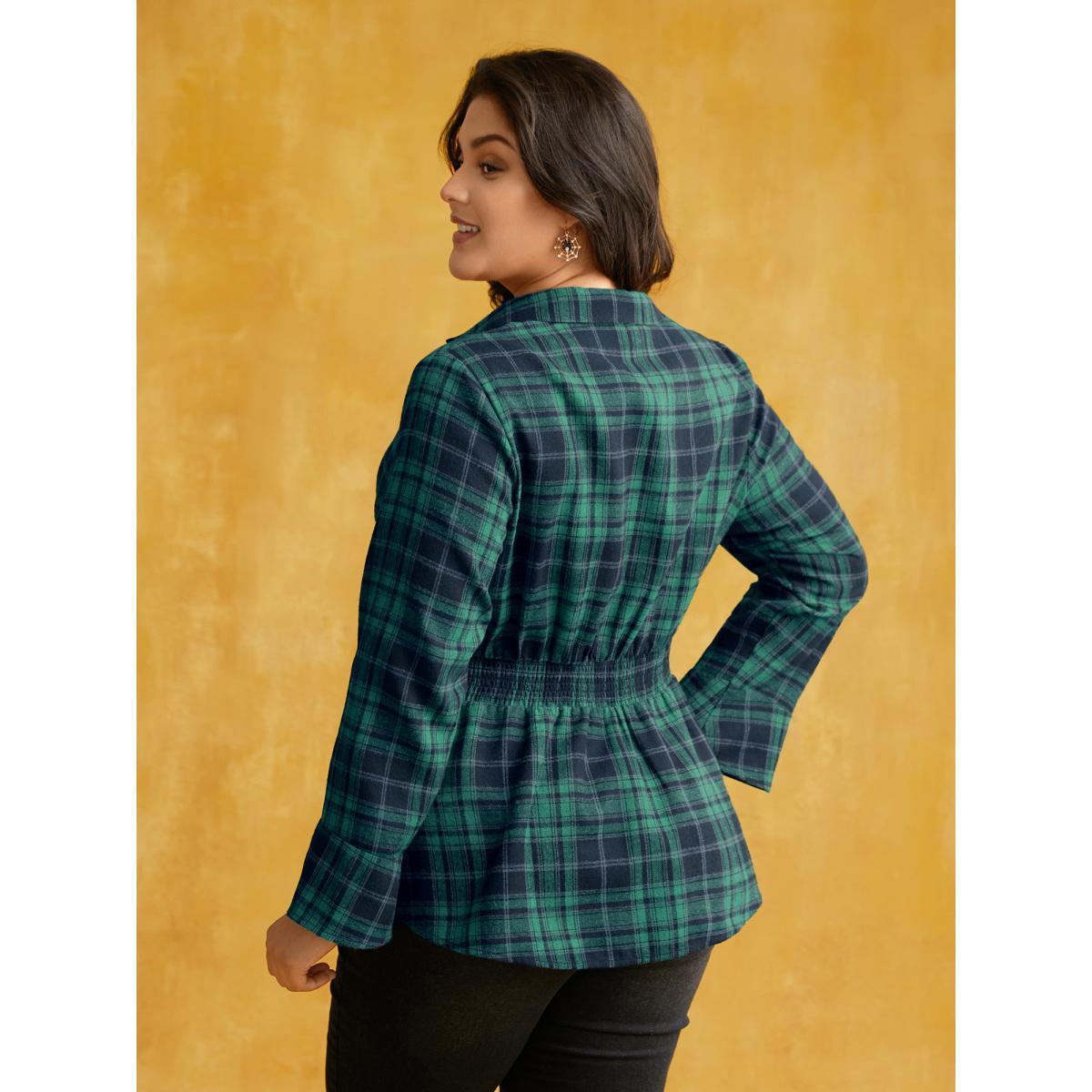 Plus Size Emerald Corset Plaid Waist-Cinching Blouse Women Elegant Long Sleeve Shirt collar Everyday Blouses BloomChic 12/L Product Image