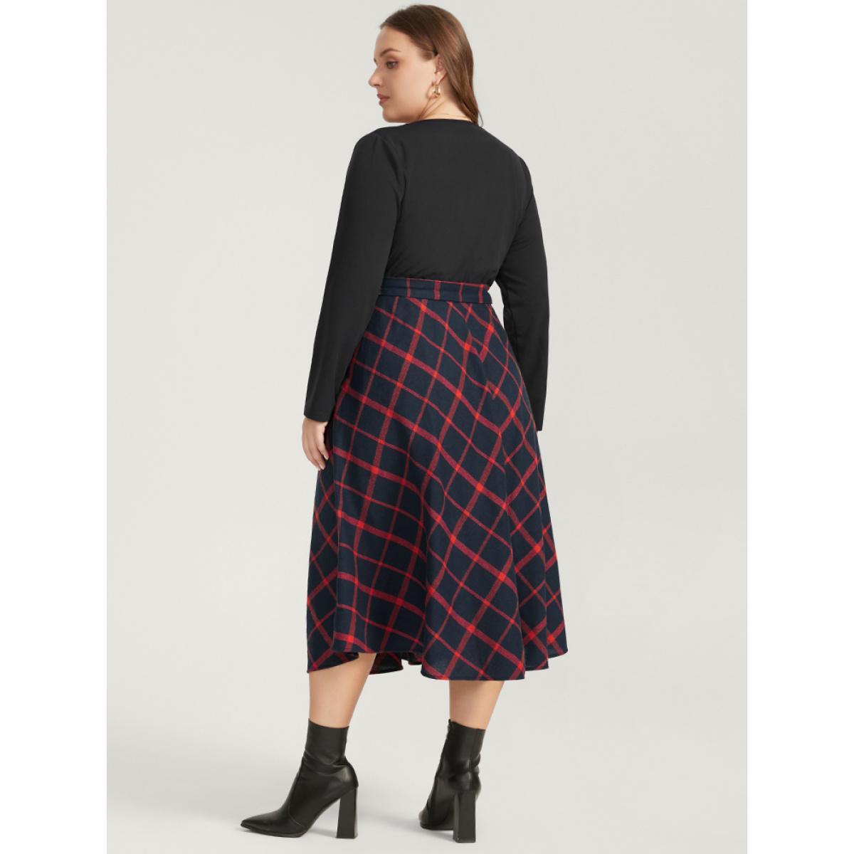 Plus Size Plaid Patchwork Pocket Belted Surplice Neck Dress Scarlet Women Elegant Belted V-neck Long Sleeve Curvy Midi Dress BloomChic 10/M Product Image