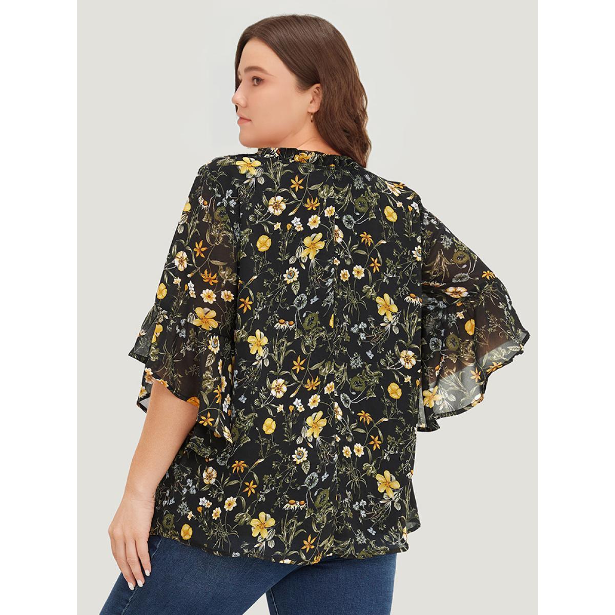 Plus Size Black Floral Tie Neck Frill Trim Bell Sleeve Blouse Women Elegant Half Sleeve Tie Neck Dailywear Blouses BloomChic 22-24/3X Product Image