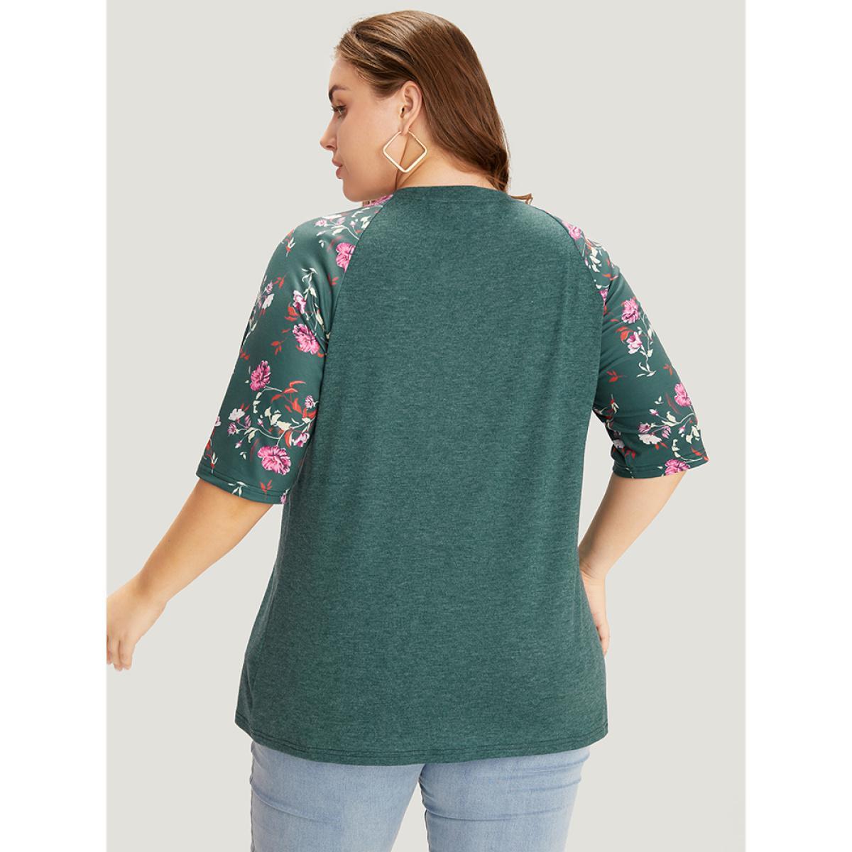 Plus Size Floral Patchwork Raglan Sleeve T-shirt DarkGreen Women Elegant Patchwork Floral V-neck Work T-shirts BloomChic 26/4X Product Image